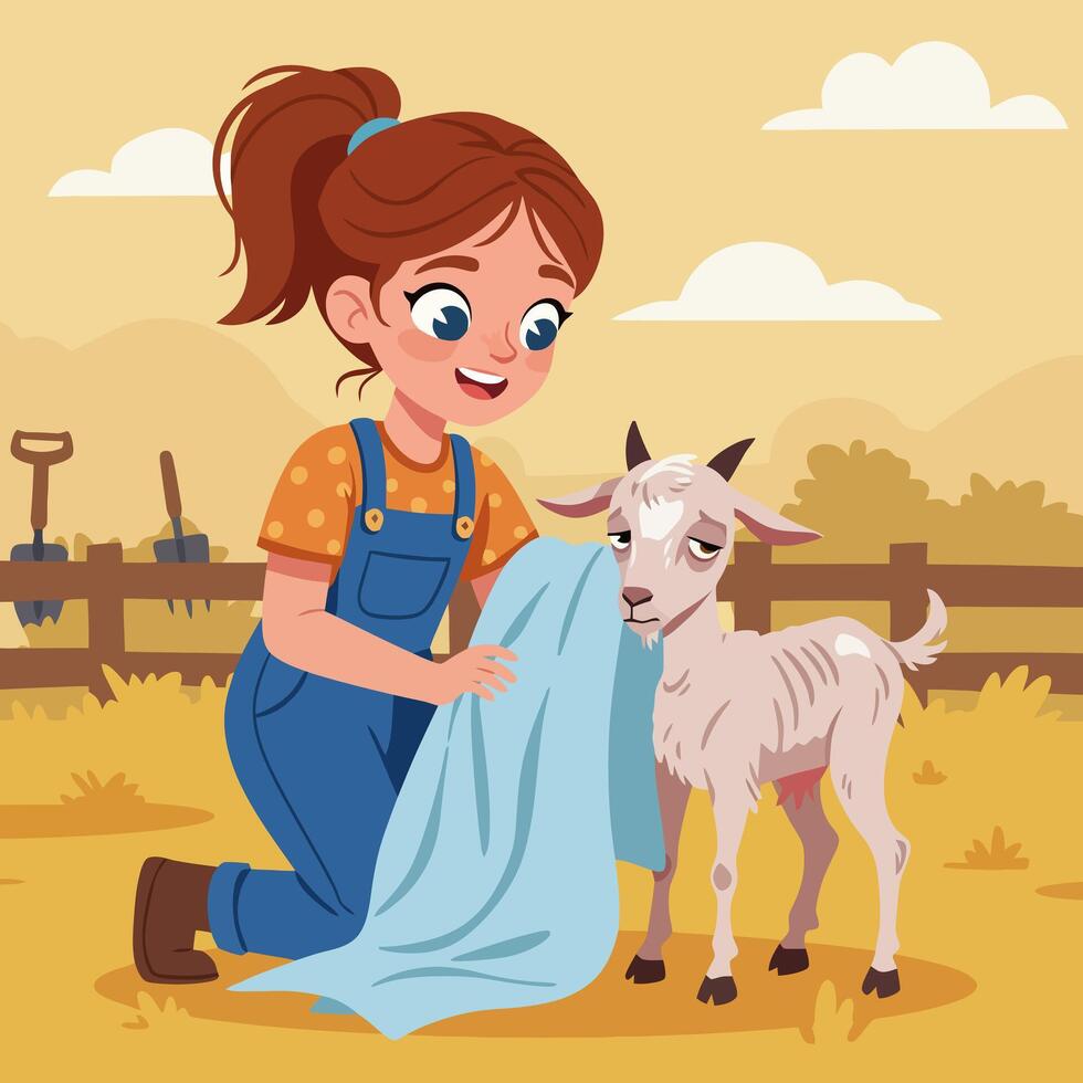 Girl Caring for Sickly Goat with Blanket on Farm vector