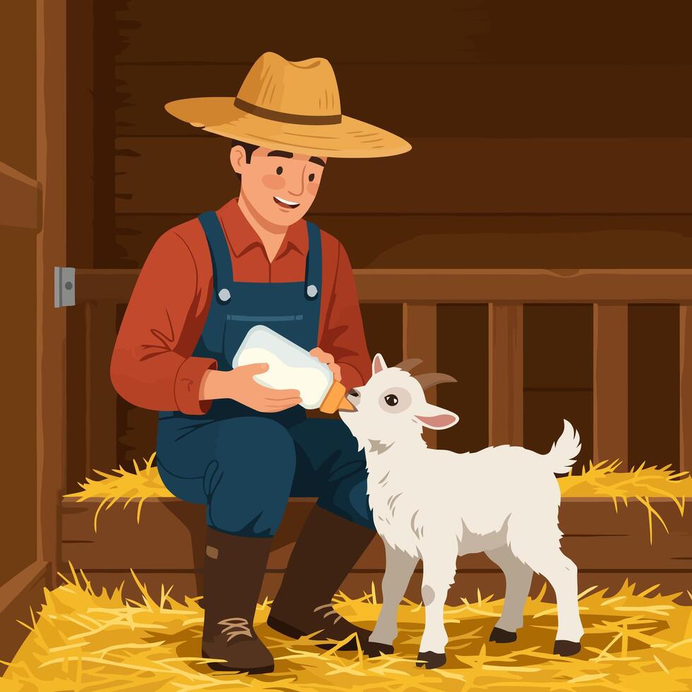 Farmer Feeding Kid Goat Milk in Barn Illustration, Cartoon Style vector