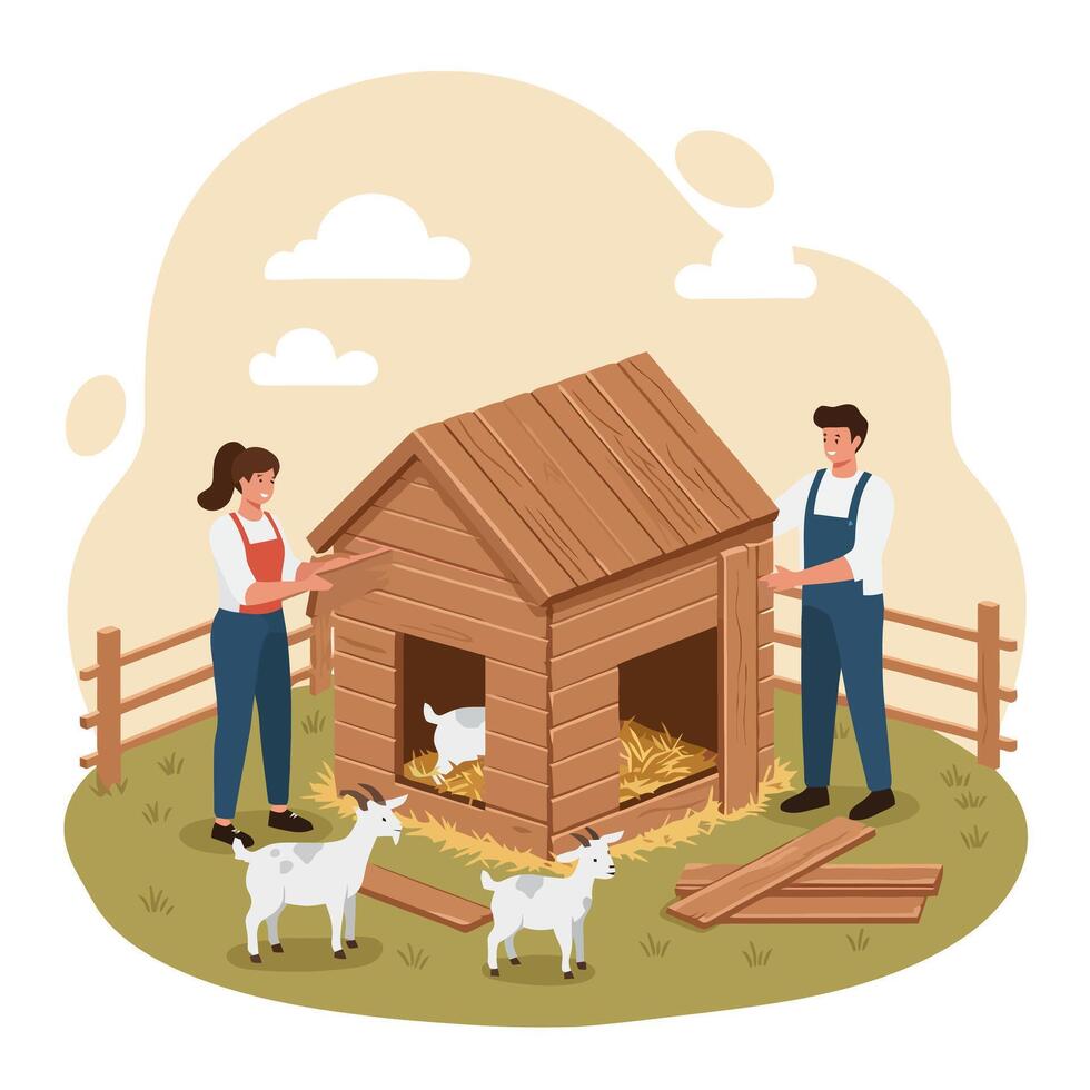Building a Small Animal Shelter with Goats on a Farm vector