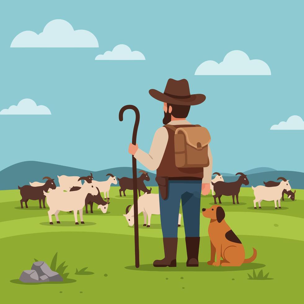 Shepherd with Dog and Goats Grazing on Green Pastureland Scene vector