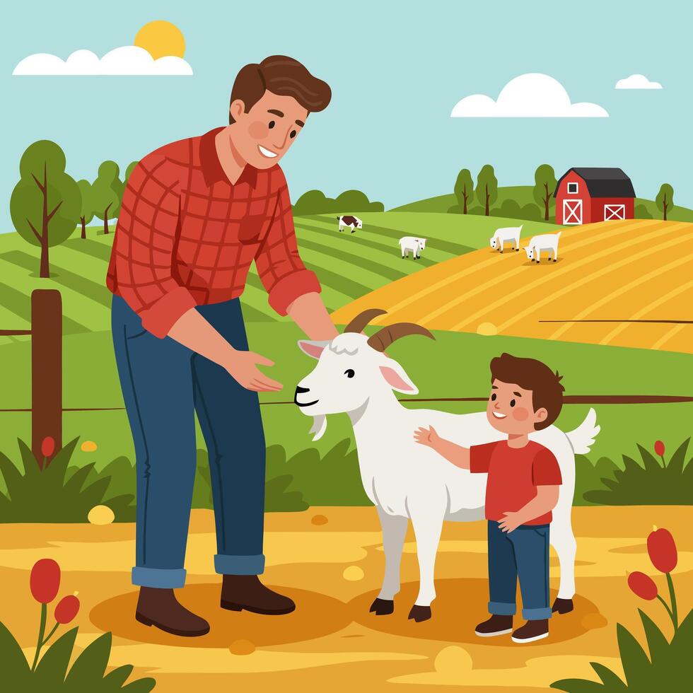 Man and Boy Petting Goat on Farm with Rural Landscape vector