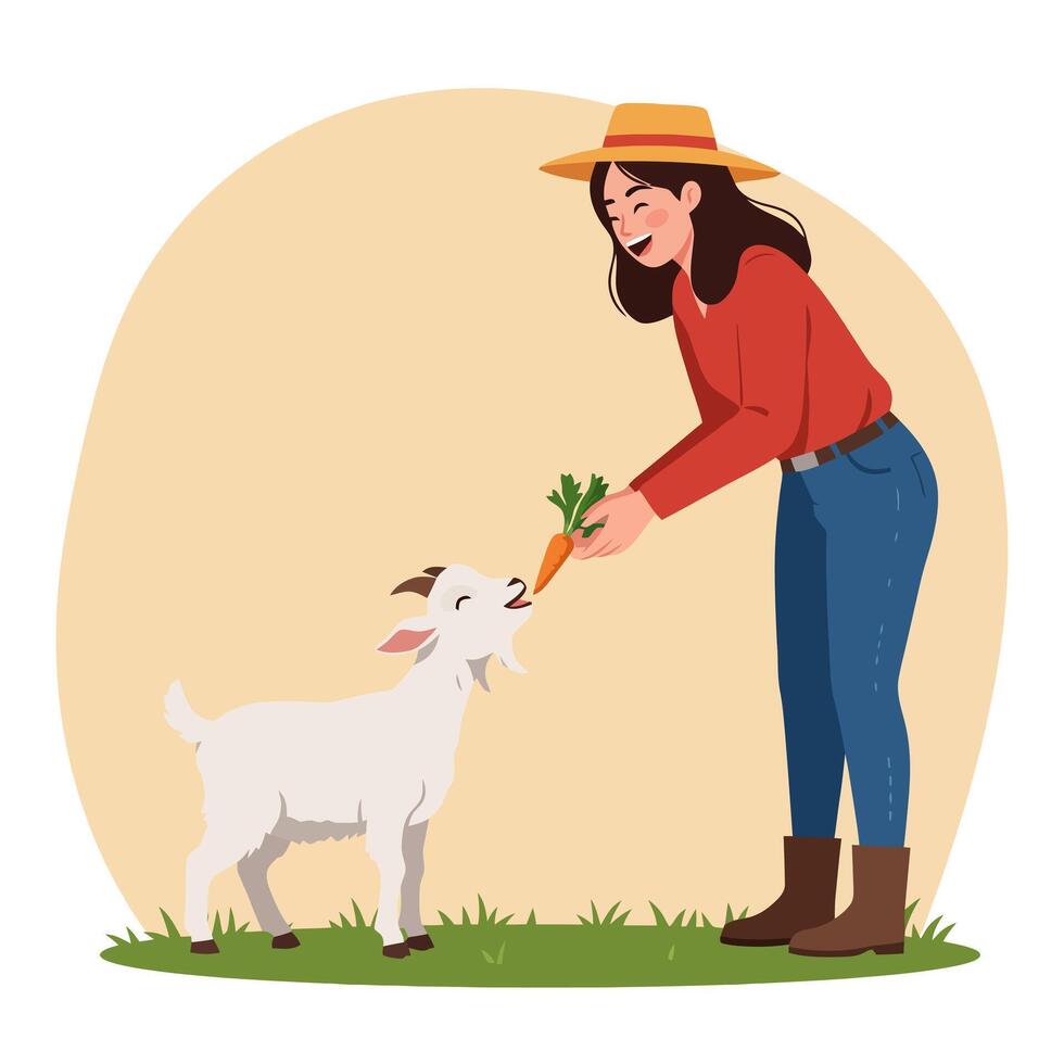 Woman Farmer Feeding Carrot to Goat in Farm Illustration vector