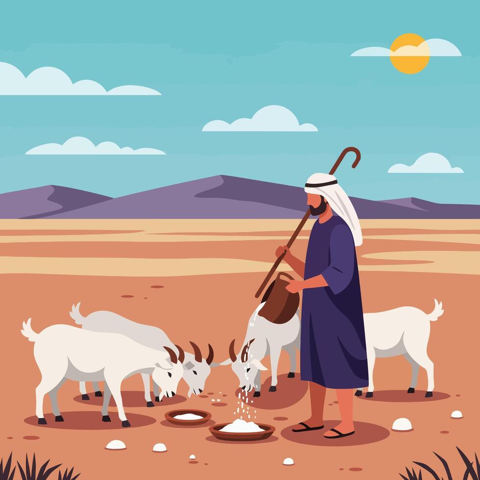 Feeding Goats in Desert Landscape with Simple Illustration Style vector