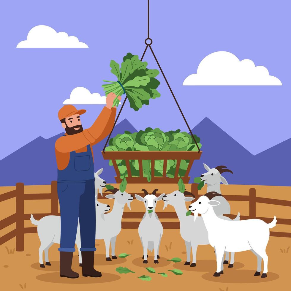 Farmer Feeding Fresh Greens to Goats in a Rural Farm Setting vector