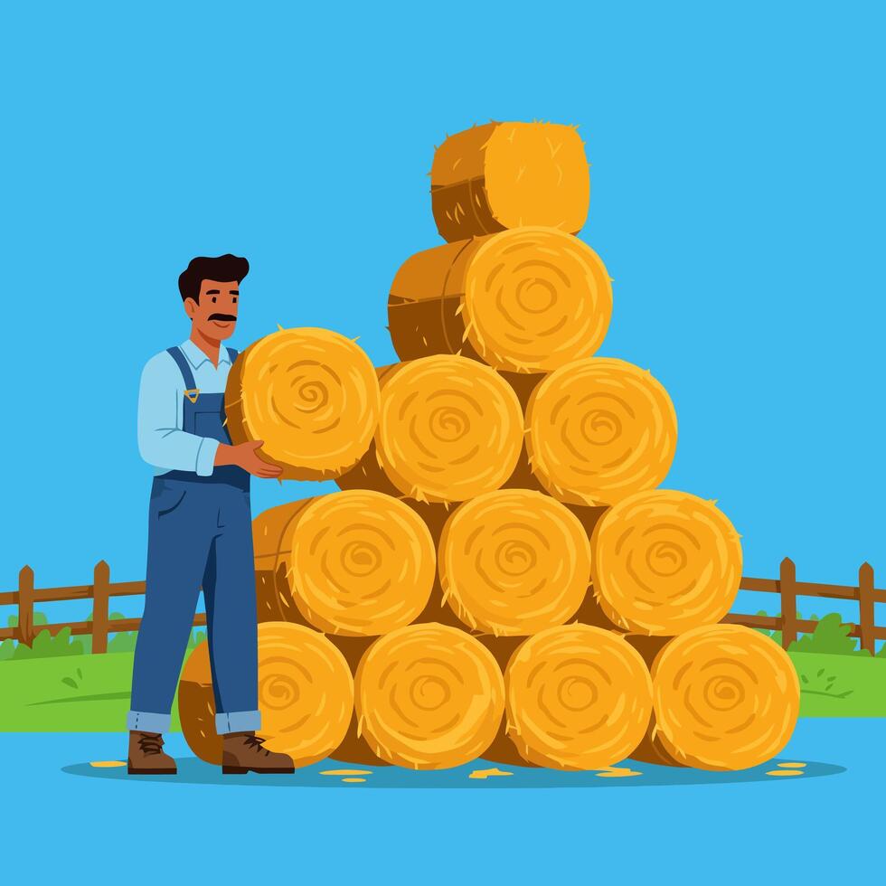 Farmer Stacking Hay Bales Illustration in Field on a Sunny Day vector