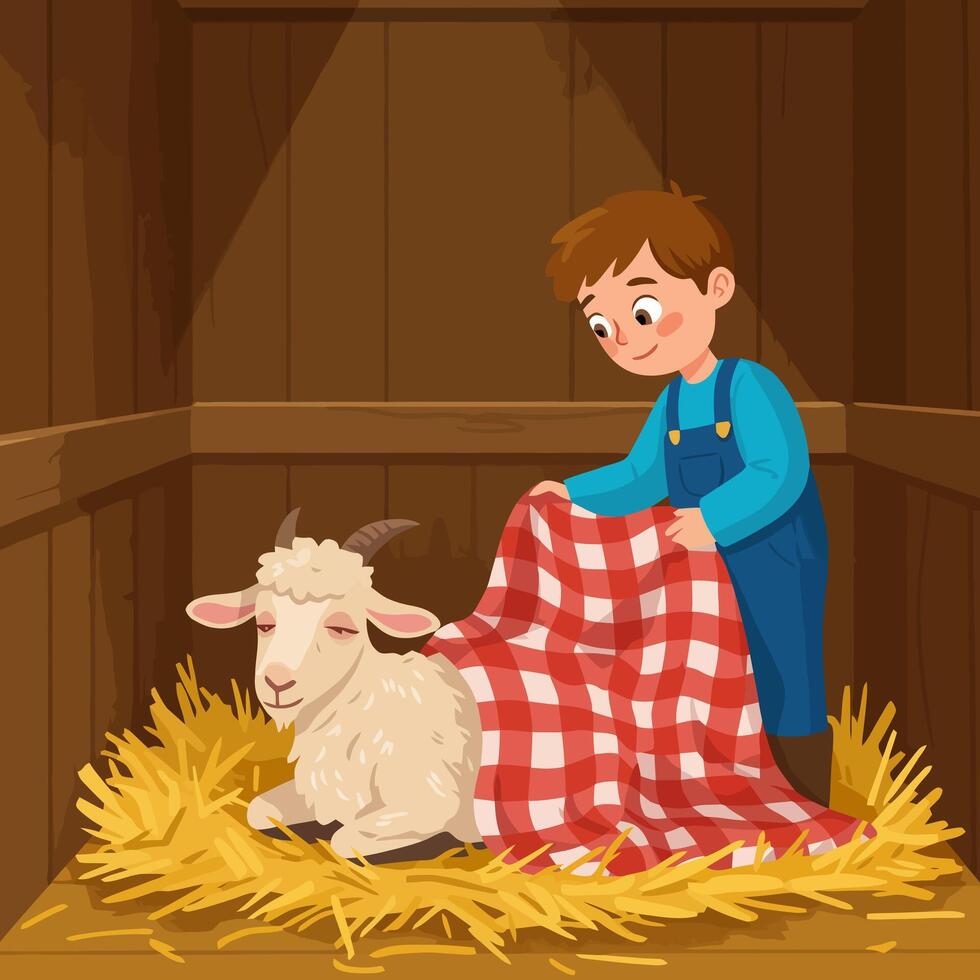 Boy Caring for Goat with Blanket in Barn Illustration vector