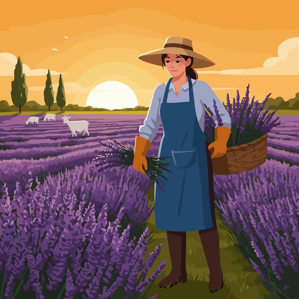 Harvesting Lavender Flowers Woman Farmer in Field at Sunset Scenery vector