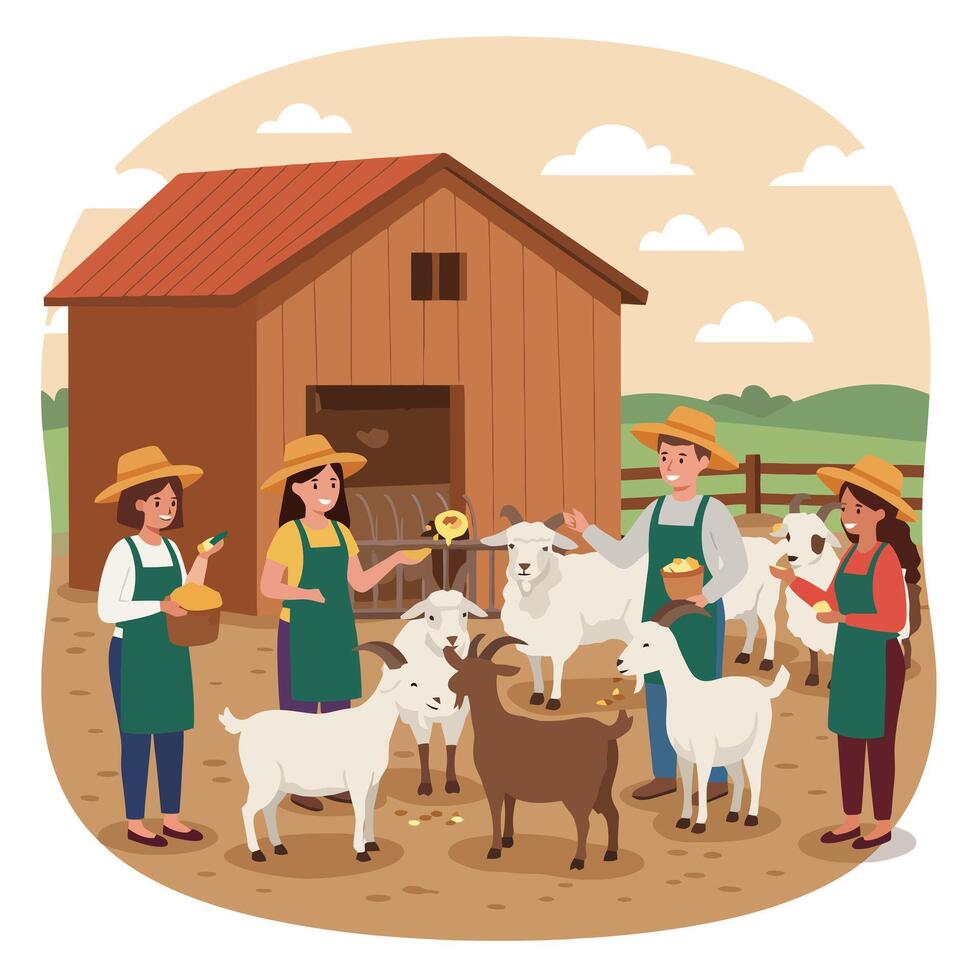 Farmers Feeding Goats at Barnyard with Pasture Background in Illustration vector