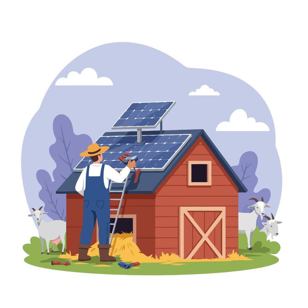 Farmer Installing Solar Panels on Barn Roof with Goats Nearby vector