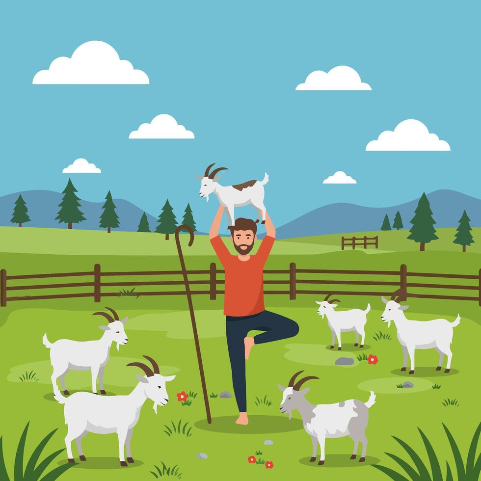 Man Balancing with Goat in Field Doing Yoga with Animals vector