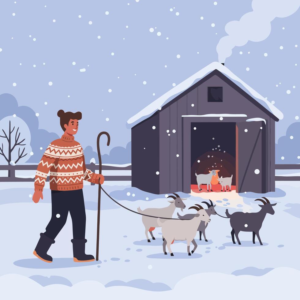 Walking Goats in Winter Snow Towards Barn Illustration vector