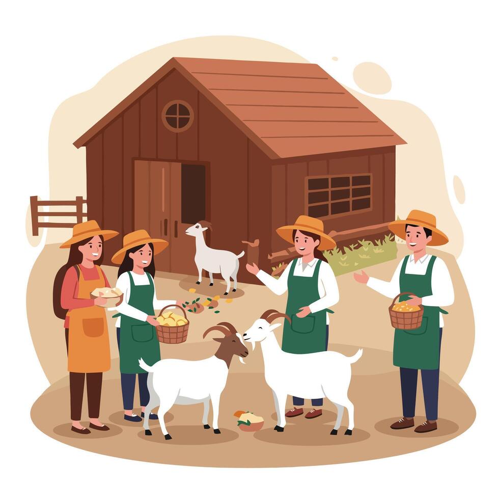 Farmers Feeding Goats Near Barn in Rural Agricultural Setting vector