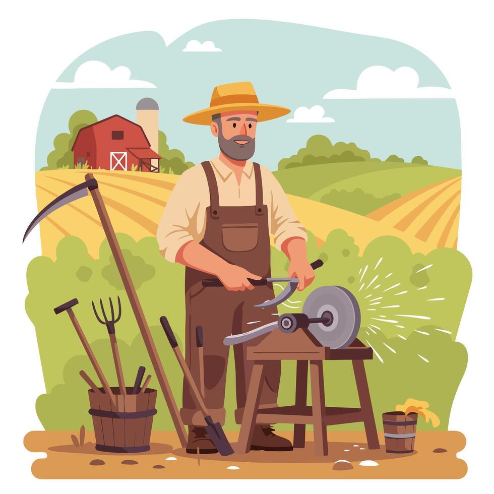 Farmer Sharpening Scythe on Grinding Wheel in Rural Farm Scene vector