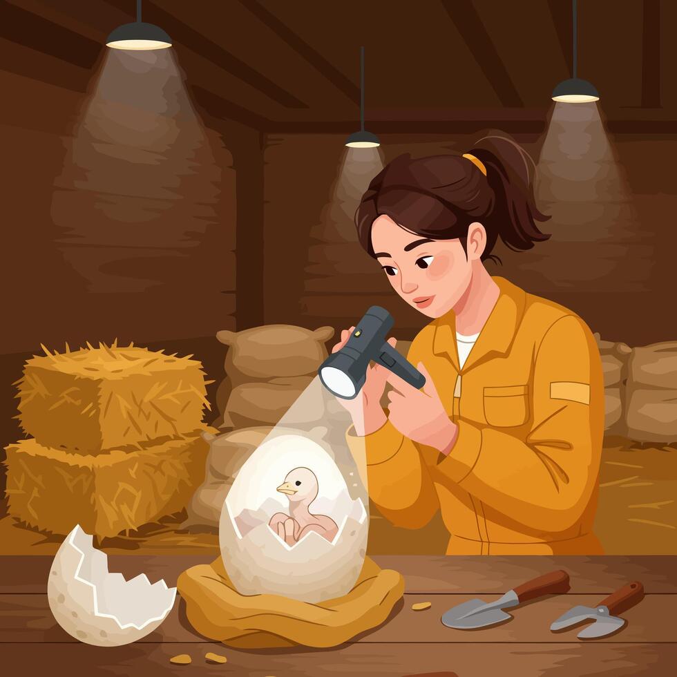 Woman Inspecting Hatching Egg with Flashlight in Barn Illustration vector