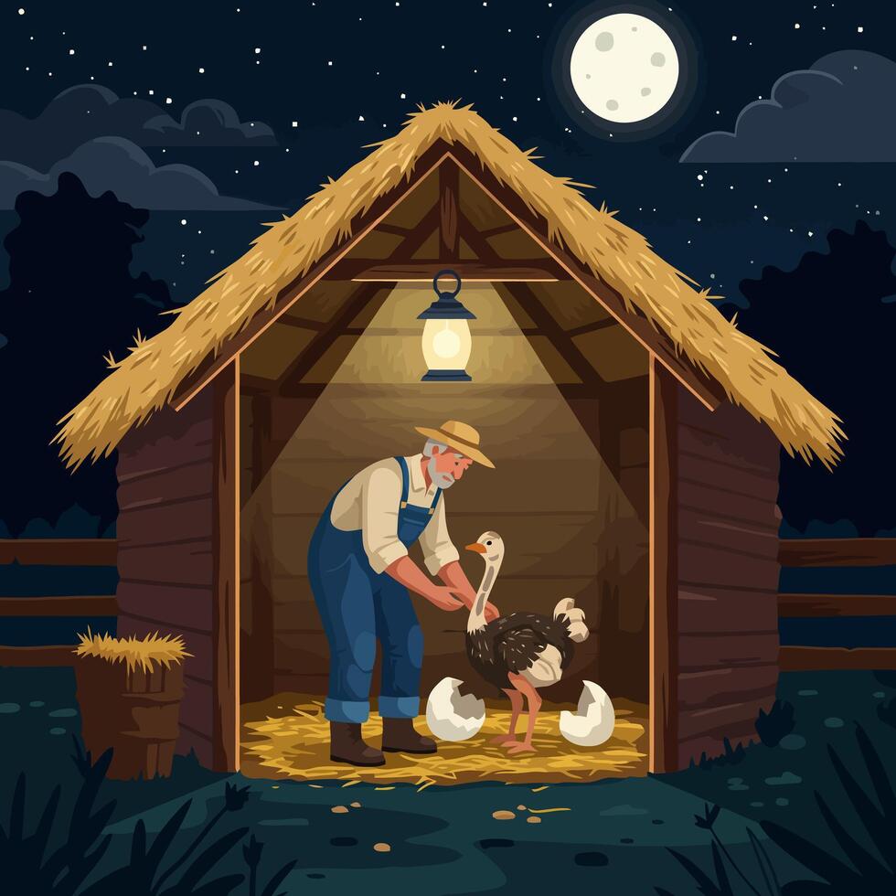 Farmer Assisting Ostrich Hatching in Rustic Barn Under Night Sky vector