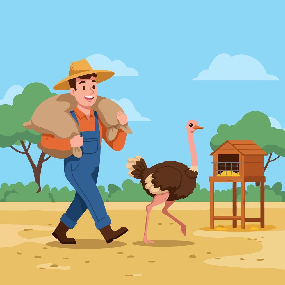 Farmer Carrying Sacks Walking Next to Ostrich in Rural Setting vector