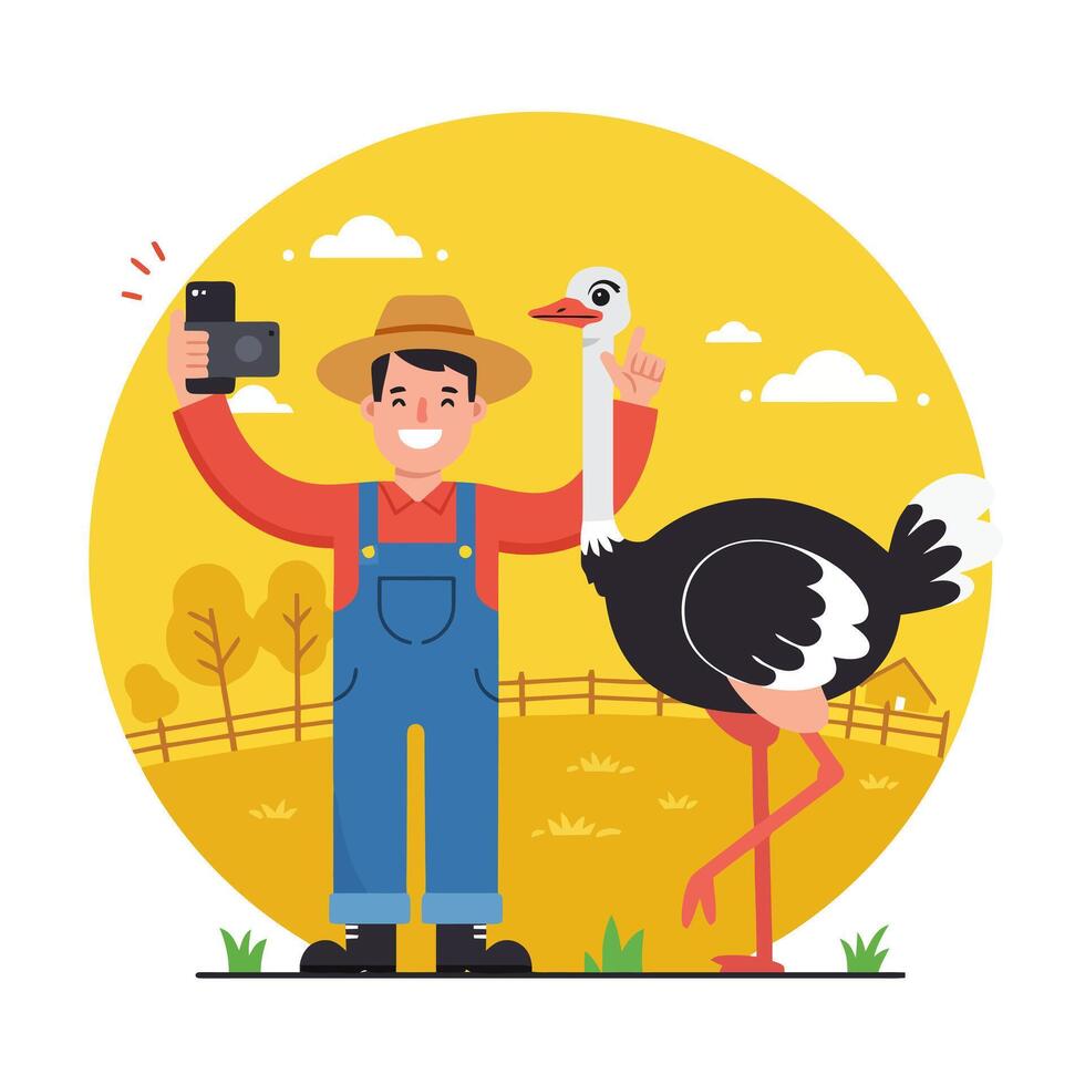 Farmer Taking Selfie with Ostrich in Farm Landscape Illustration vector