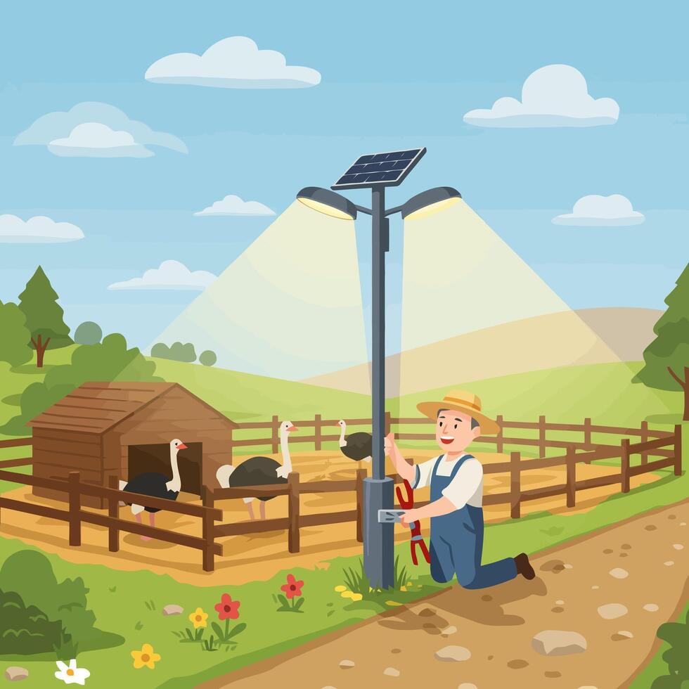 Farmer Installing Solar Powered Lamp on Ostrich Farm Cartoon vector