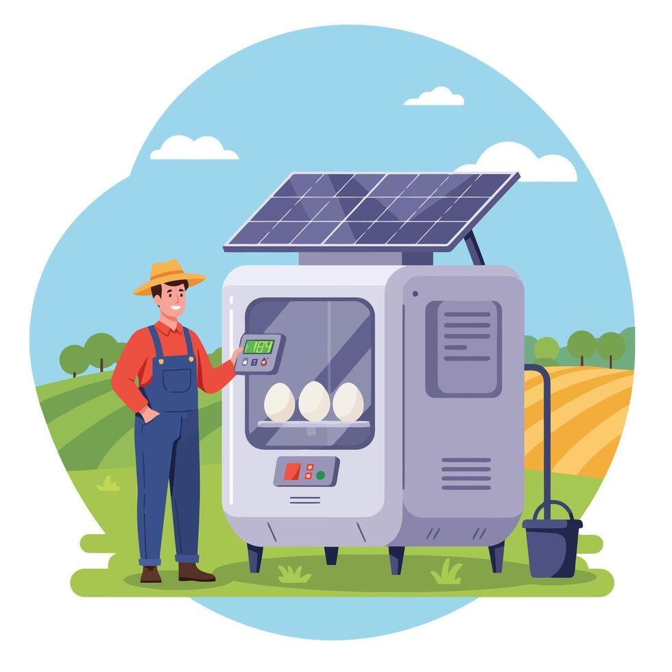 Farmer Using Solar Powered Incubator to Hatch Eggs on Farm vector