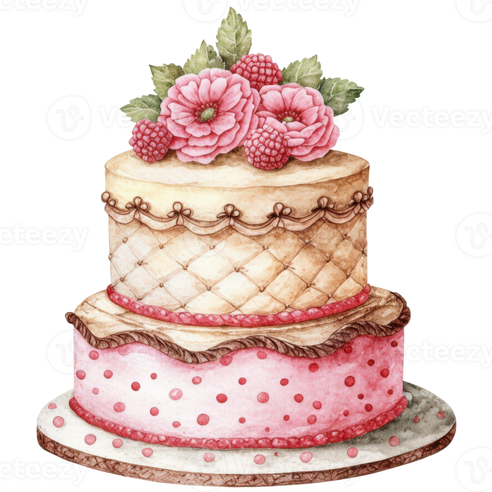 a beautifully decorated cake with flowers and raspberries png