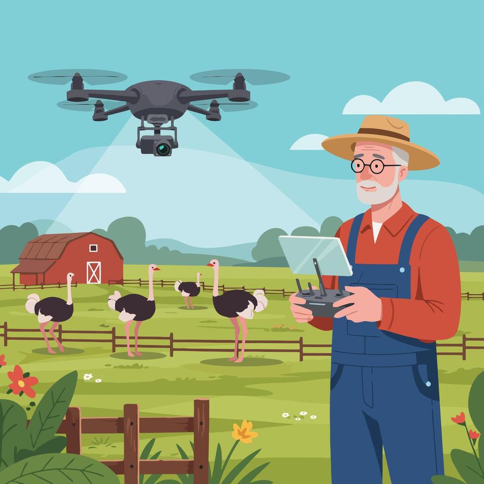 Farmer Using Drone for Monitoring Ostrich on the Farm vector