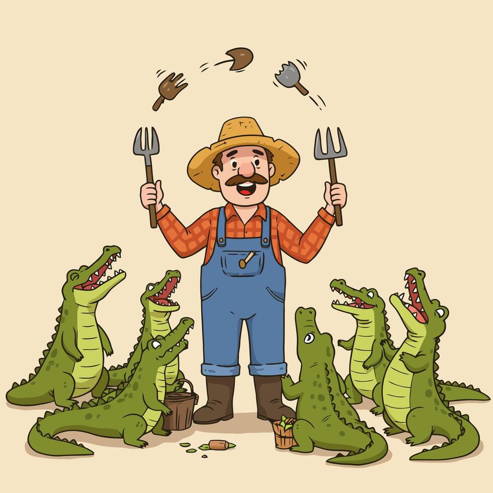 Farmer Juggling Tools with Alligators Cartoon Illustration in Humorous Style vector
