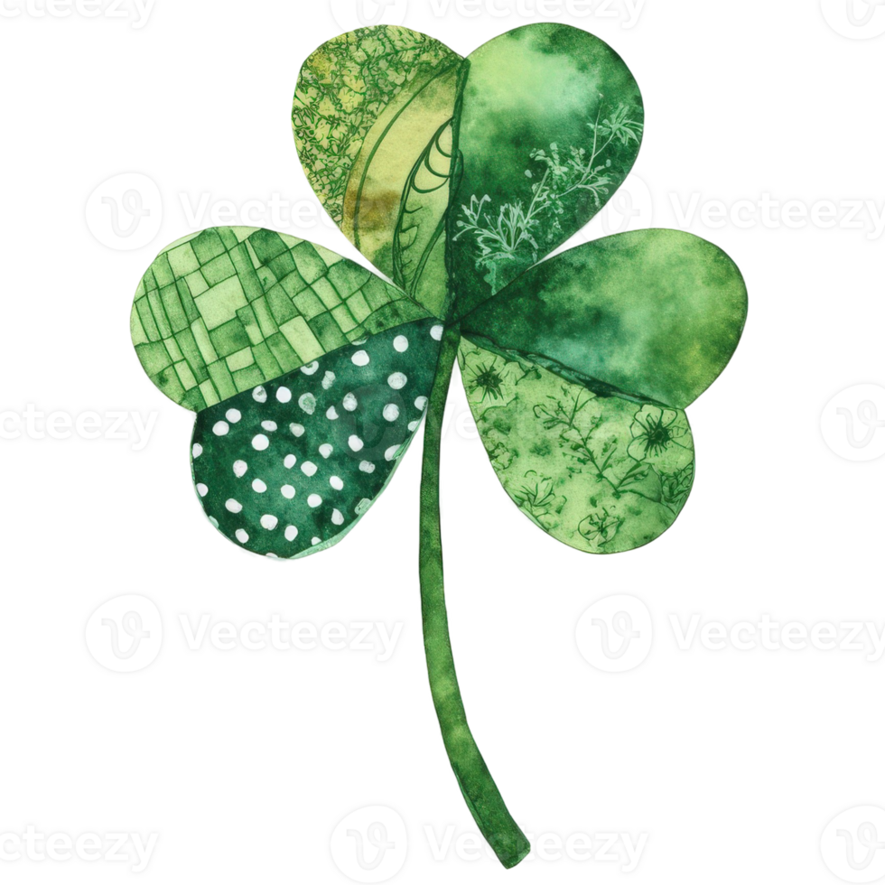 a detailed watercolor illustration of a shamrock with patterned leaves in shades of green png