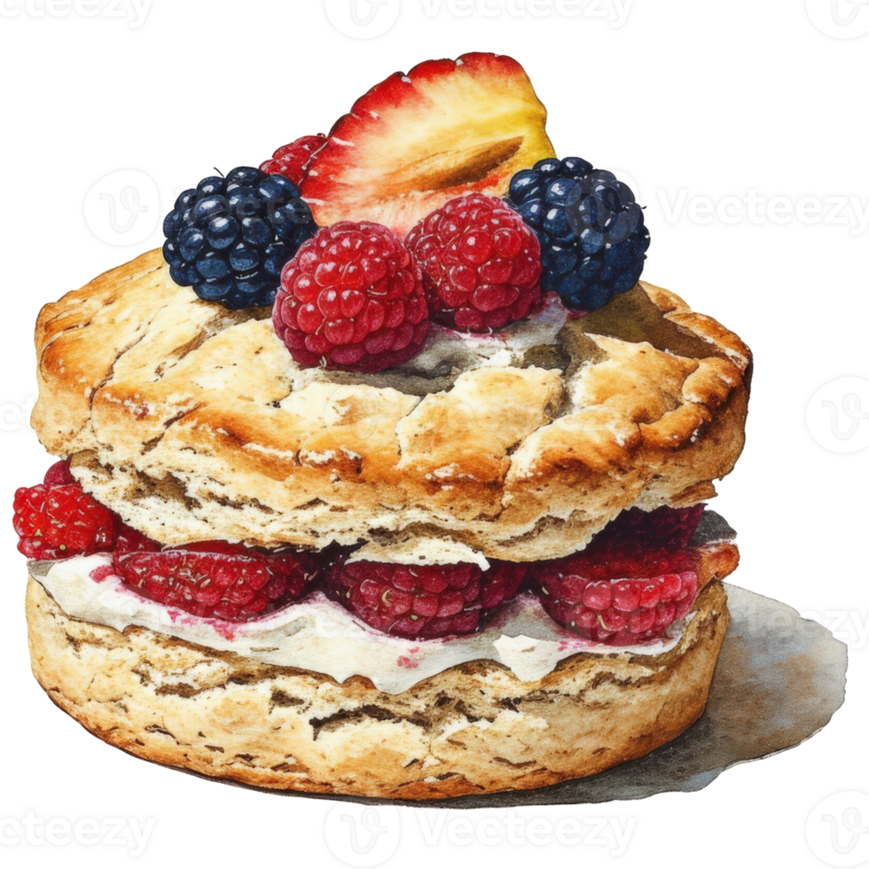 a delicious dessert, strawberry, blackberry and raspberry biscuit on a plate, close up view png