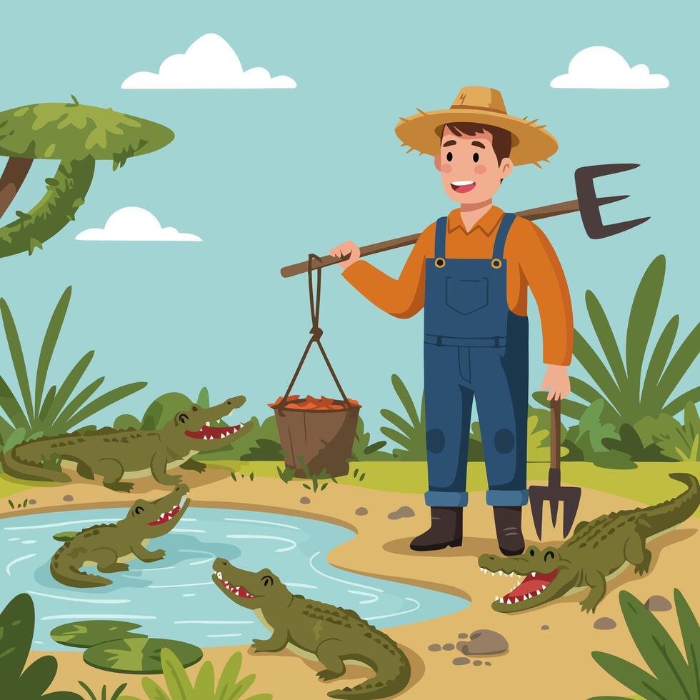 Cartoon Farmer with Alligators by Pond in a Natural Setting vector