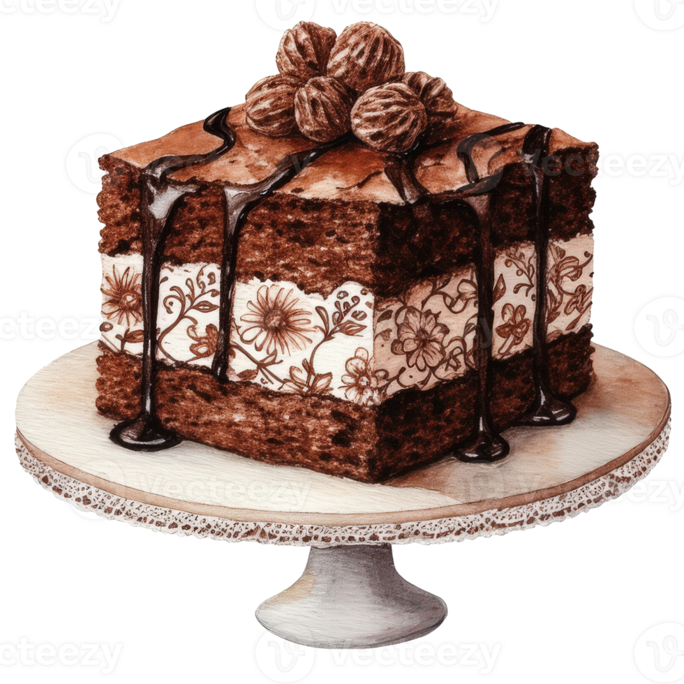 A delicious chocolate cake is presented on a cake stand with detailed design. It features multiple layers, chocolate drizzle and topped with some chocolate balls. png