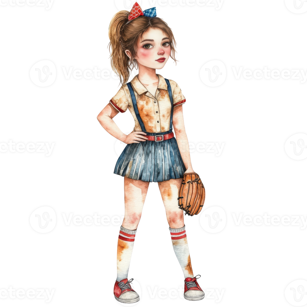 a cute cartoon girl in baseball uniform standing ready for a game png
