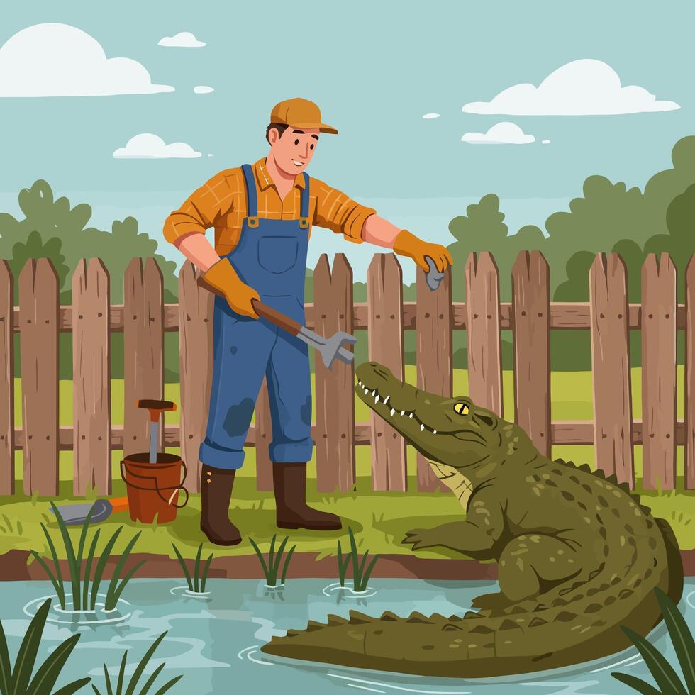 Man Repairing Fence Near Alligator with Tool in a Pond Cartoon vector