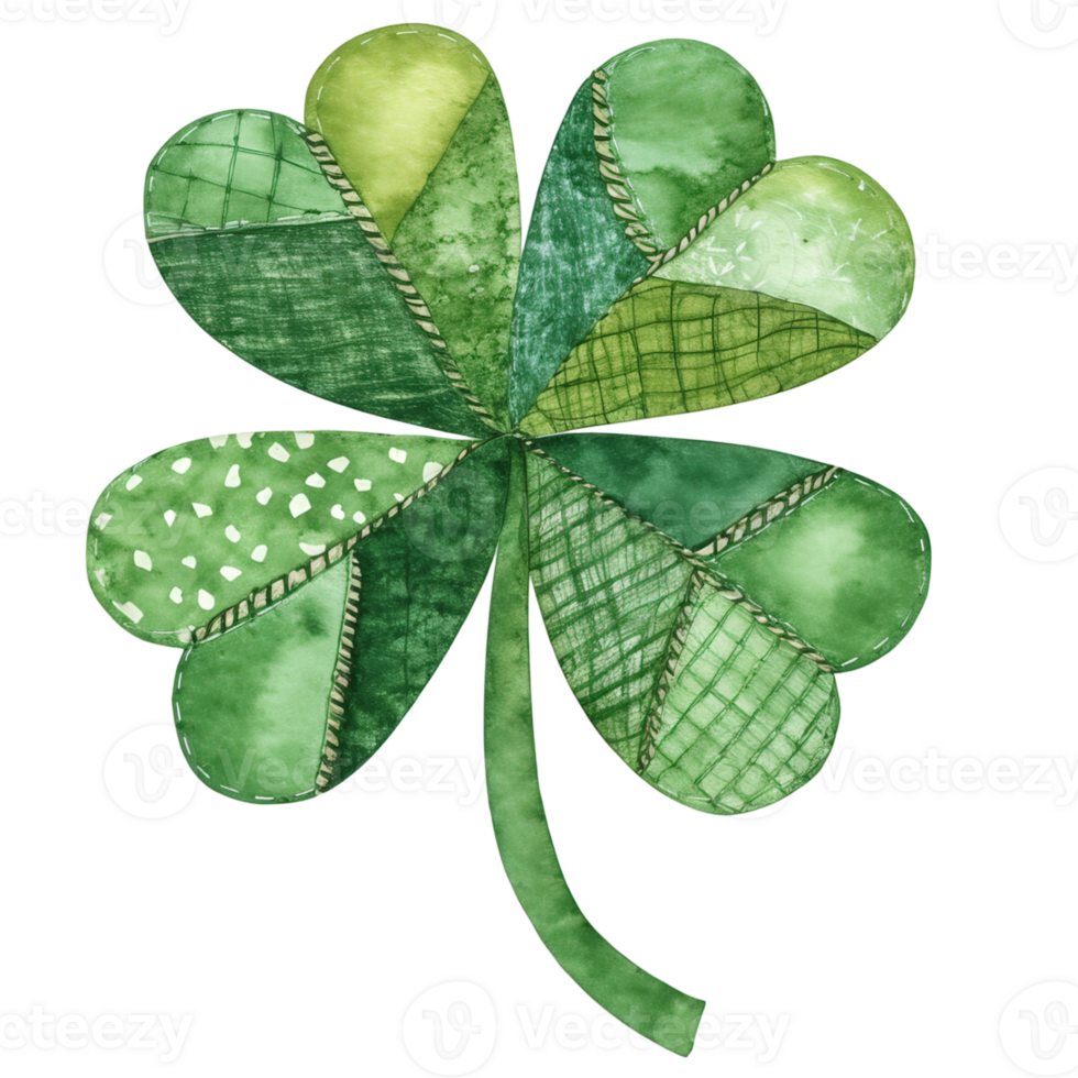 a decorative watercolor four-leaf clover, with a variety of green textures and patterns, symbolizing good luck and fortune. png