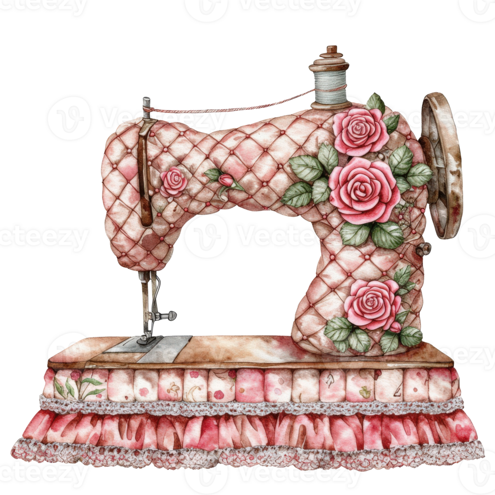 Watercolor illustration clipart of an ornate sewing machine wrapped in quilted fabric, decorated with delicate applique roses, lace accents, and tiny polka dots, png