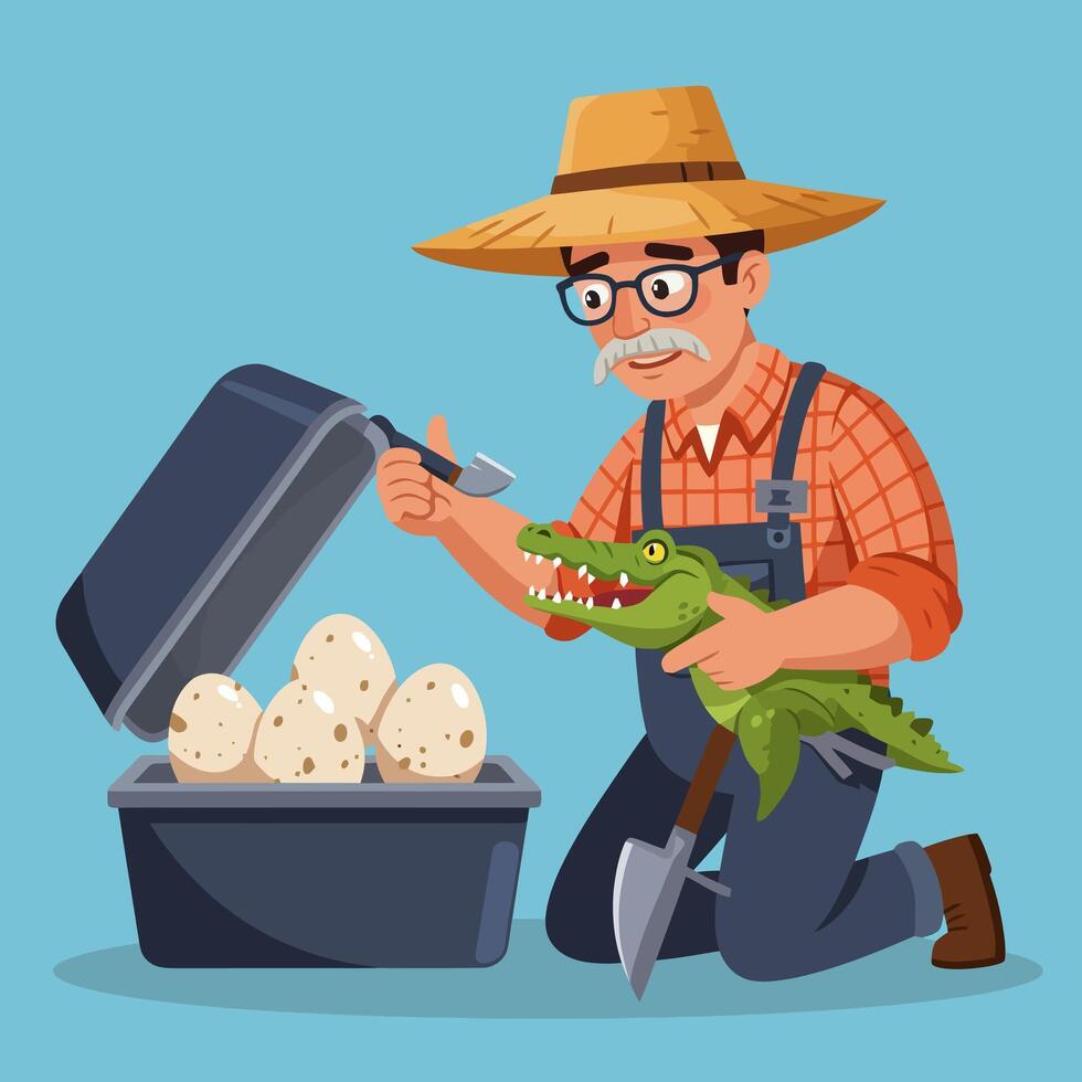 Farmer with Eggs and Crocodile Funny Scene in Farm Life vector