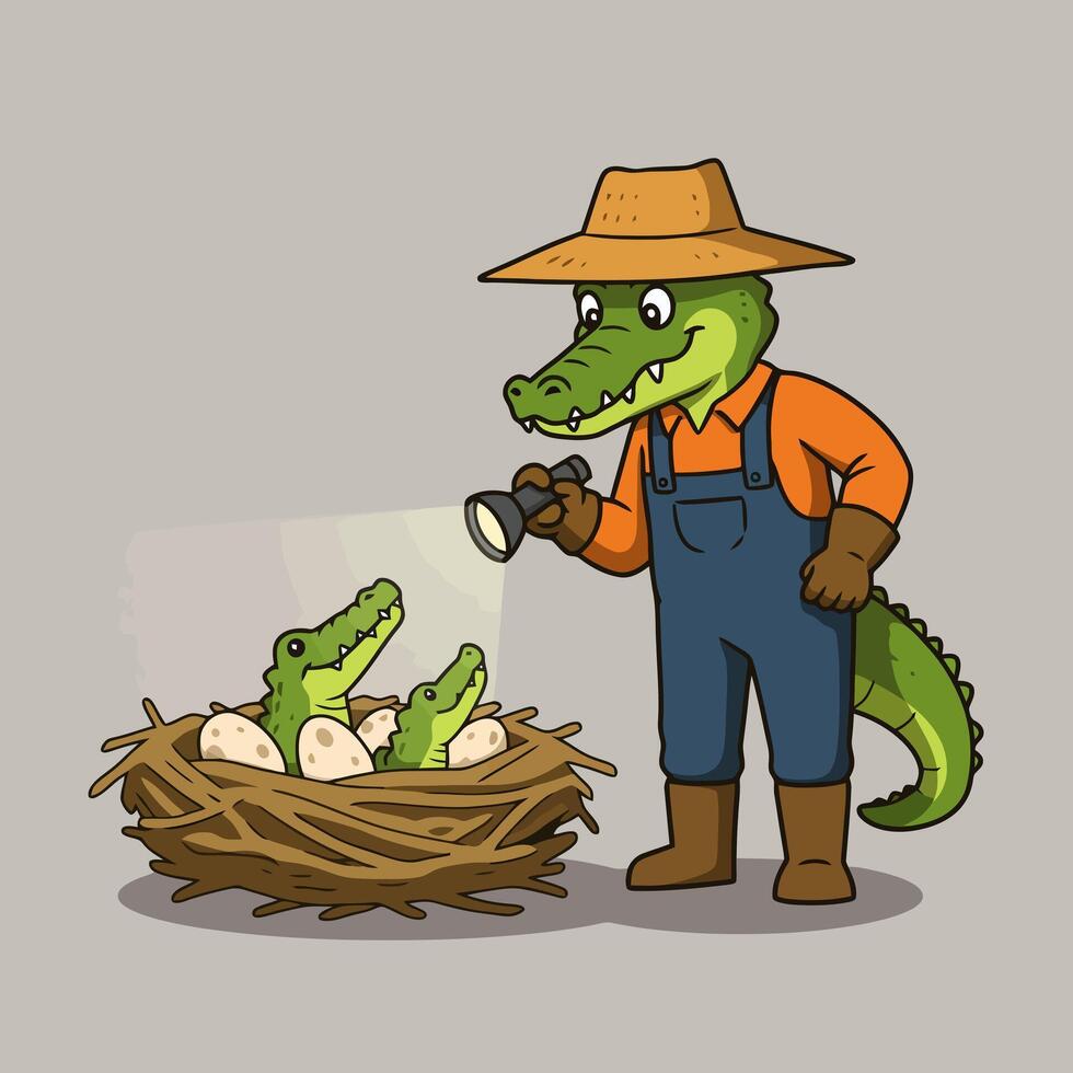 Cartoon Alligator Farmer Inspecting Nest of Hatchlings with Flashlight vector