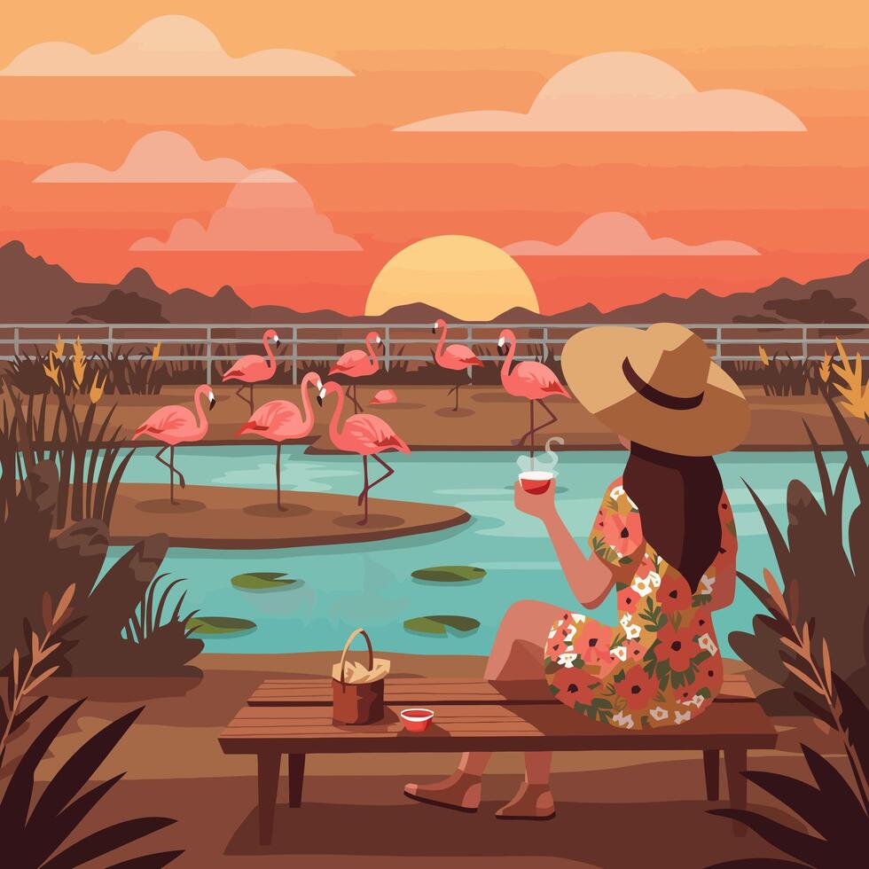 Woman Watching Flamingos at Sunset by the Lake Relaxation Concept vector