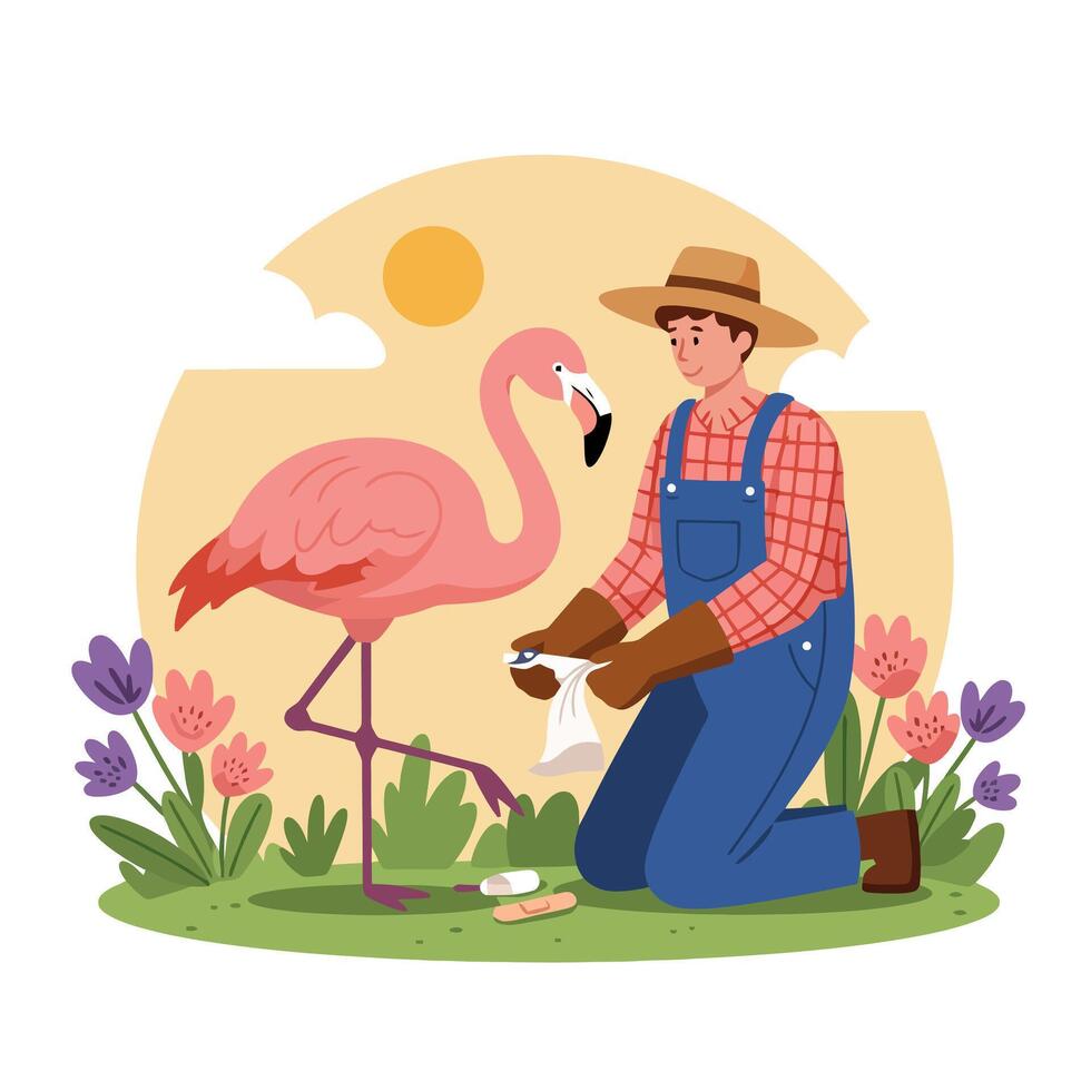Man Treating Flamingo's Leg with Care in a Bright Outdoor Setting vector