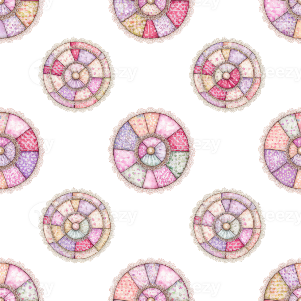 A repeating pattern of charming, hand-stitched quilt circles on a clean field. Each circle bursts with a kaleidoscope of soft colors and intricate textures. png