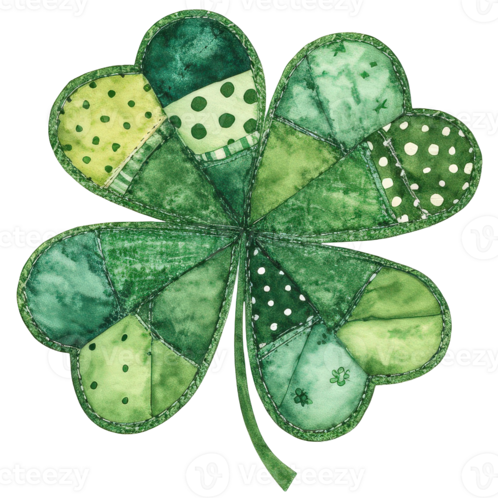 a stitched patchwork four-leaf clover, embodying luck and St. Patrick's Day spirit png