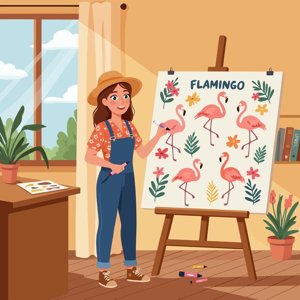 Woman Drawing Flamingo Illustration on Easel in Sunny Art Studio vector