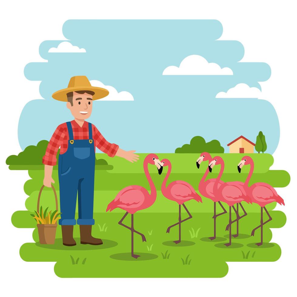 Farmer with Flamingos on a Farm Field Under a Cloudy Sky vector