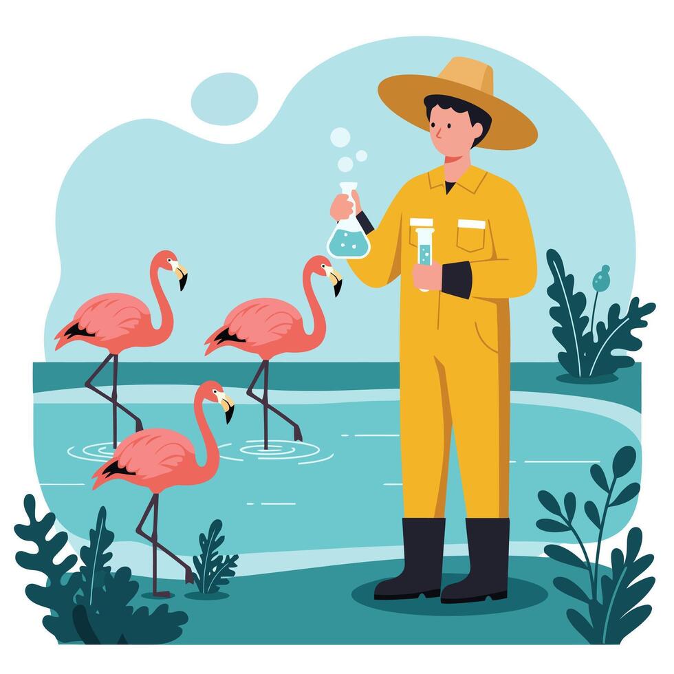 Scientist Examining Flamingo Habitat with Flask and Test Tube Illustration vector