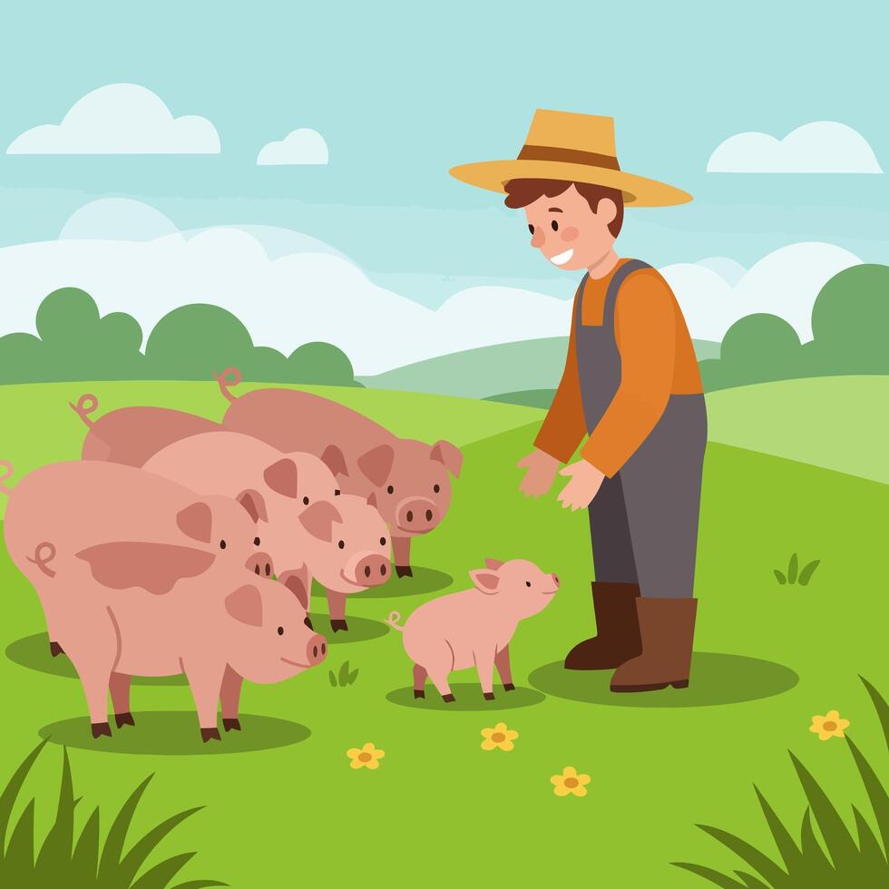 Farmer with Pigs Grazing in Grassy Field Cartoon Illustration vector