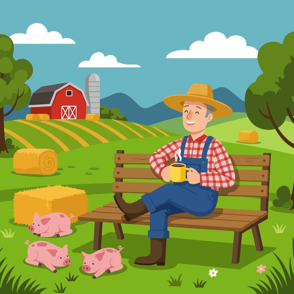 Farmer Relaxing with Drink on Bench Farm Scene Illustration vector
