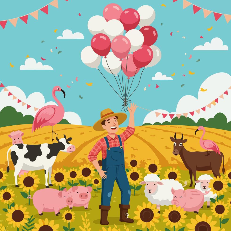 Farmer Celebrating with Animals and Balloons in Sunflower Field Cartoon vector