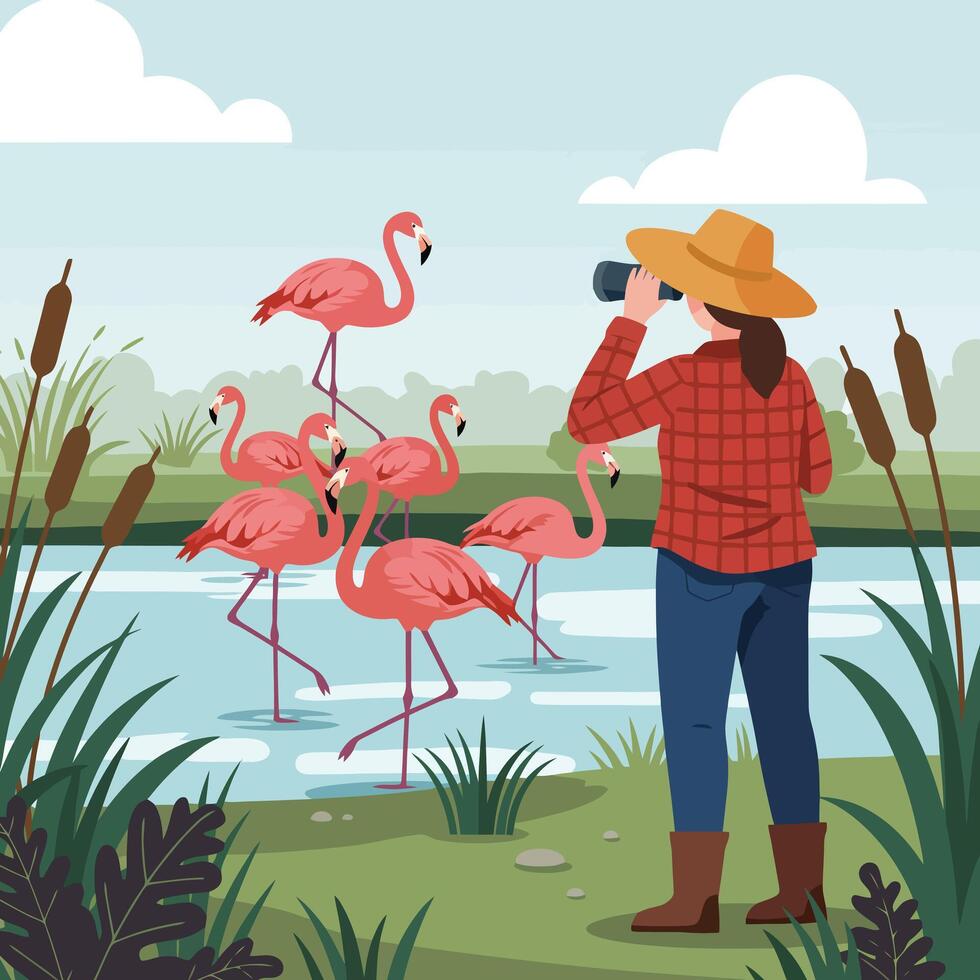 Woman Birdwatching Flamingo Flock in Wetland Scene with Binoculars vector