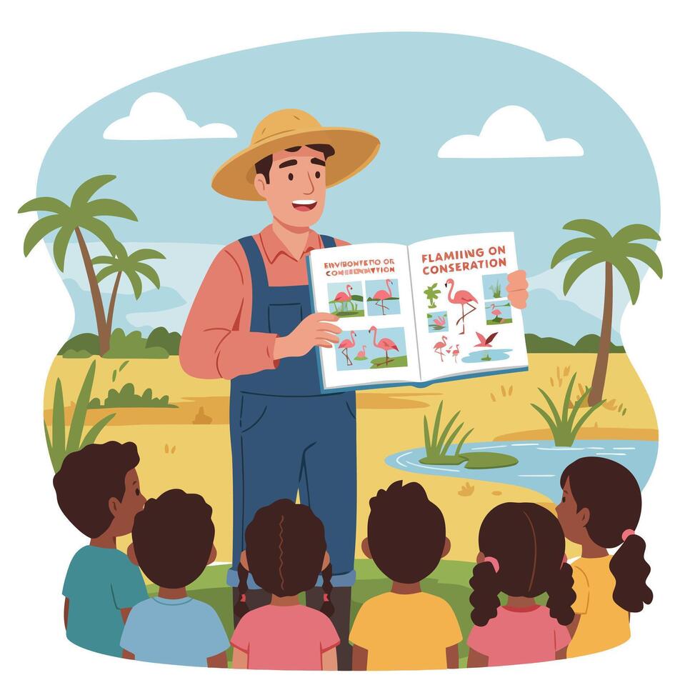 Farmer Teaching Children About Flamingo Conservation with a Picture Book vector