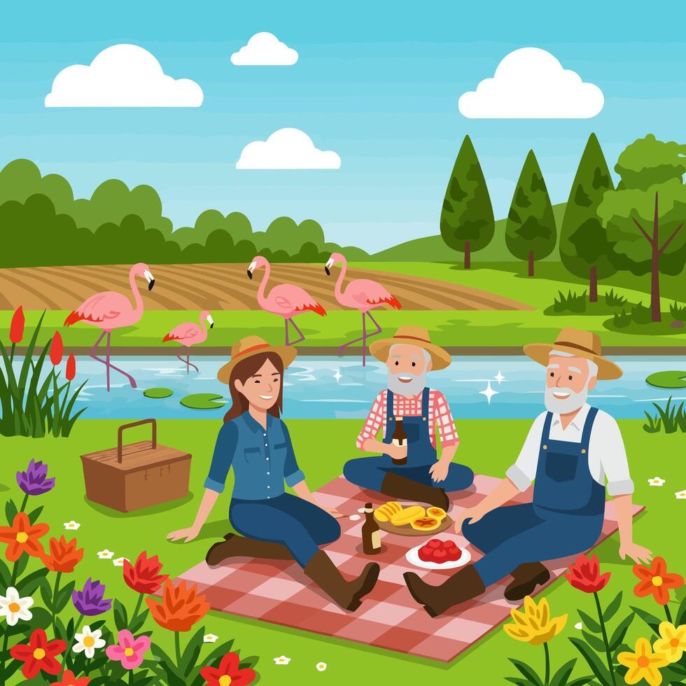 People Enjoying Outdoor Picnic on Blanket Near River with Flamingos vector