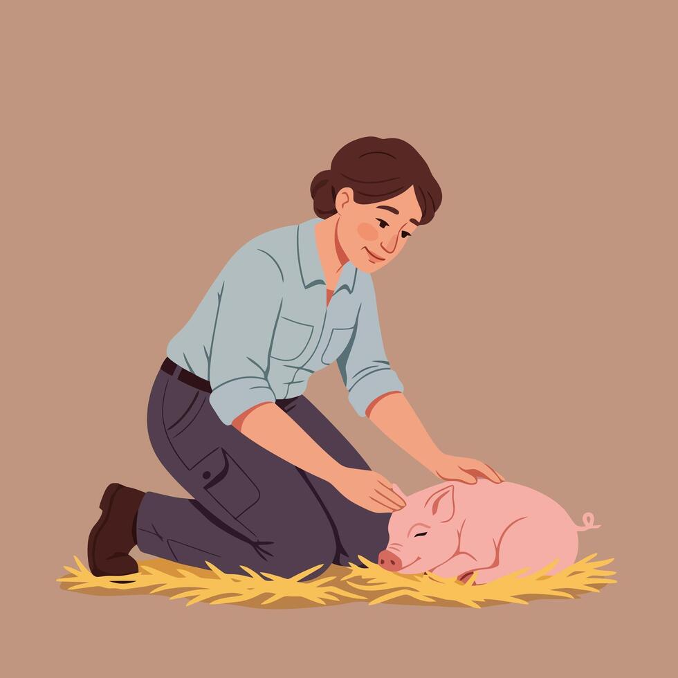 Person Petting Sleeping Piglet on Straw Bedding Farm Animal Care vector